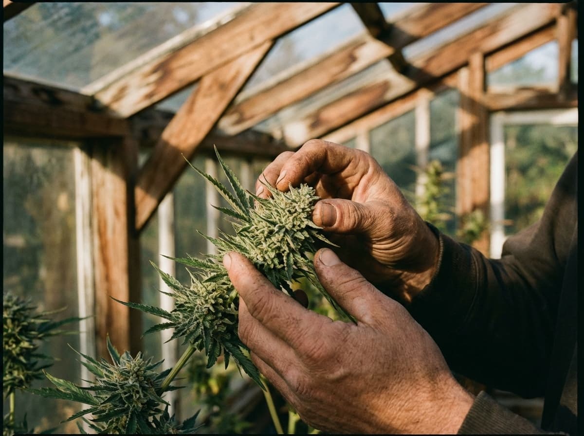 Artisan cultivator inspecting a cannabis flower